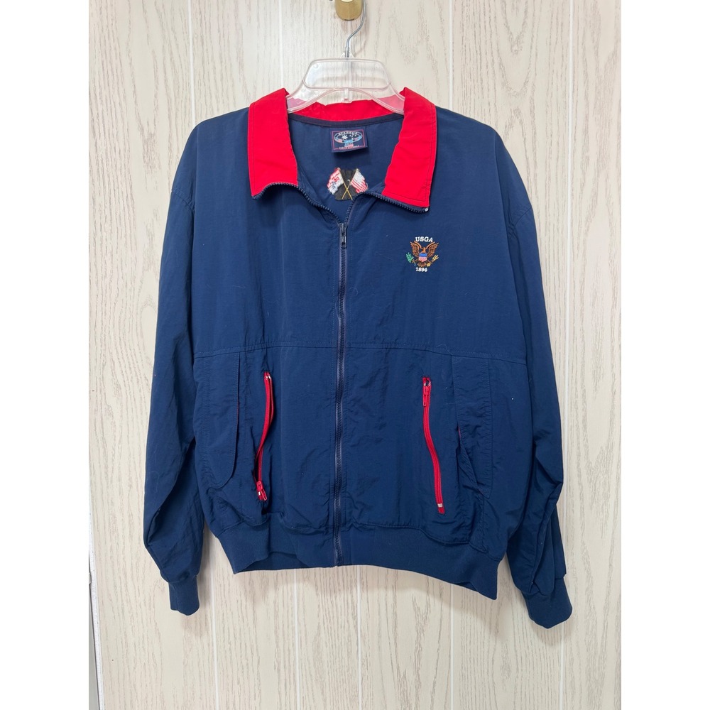 Vintage Starbus USGA 1894 Windbreaker Jacket Mens Large Navy Blue Red Full Zip
